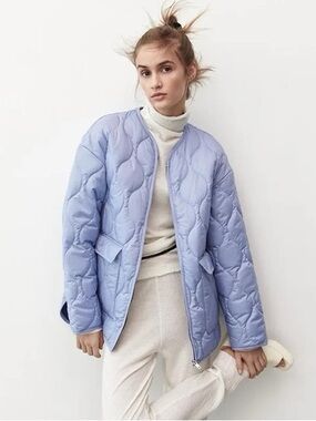 Zara Oversized Quilted Jacket Light Blue Full Zip Lightweight